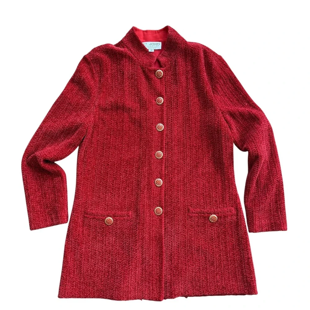 St. John Collection Red Wool Knit Skirt Suit Set Marie Gray Jacket Skirt Sz 14‎